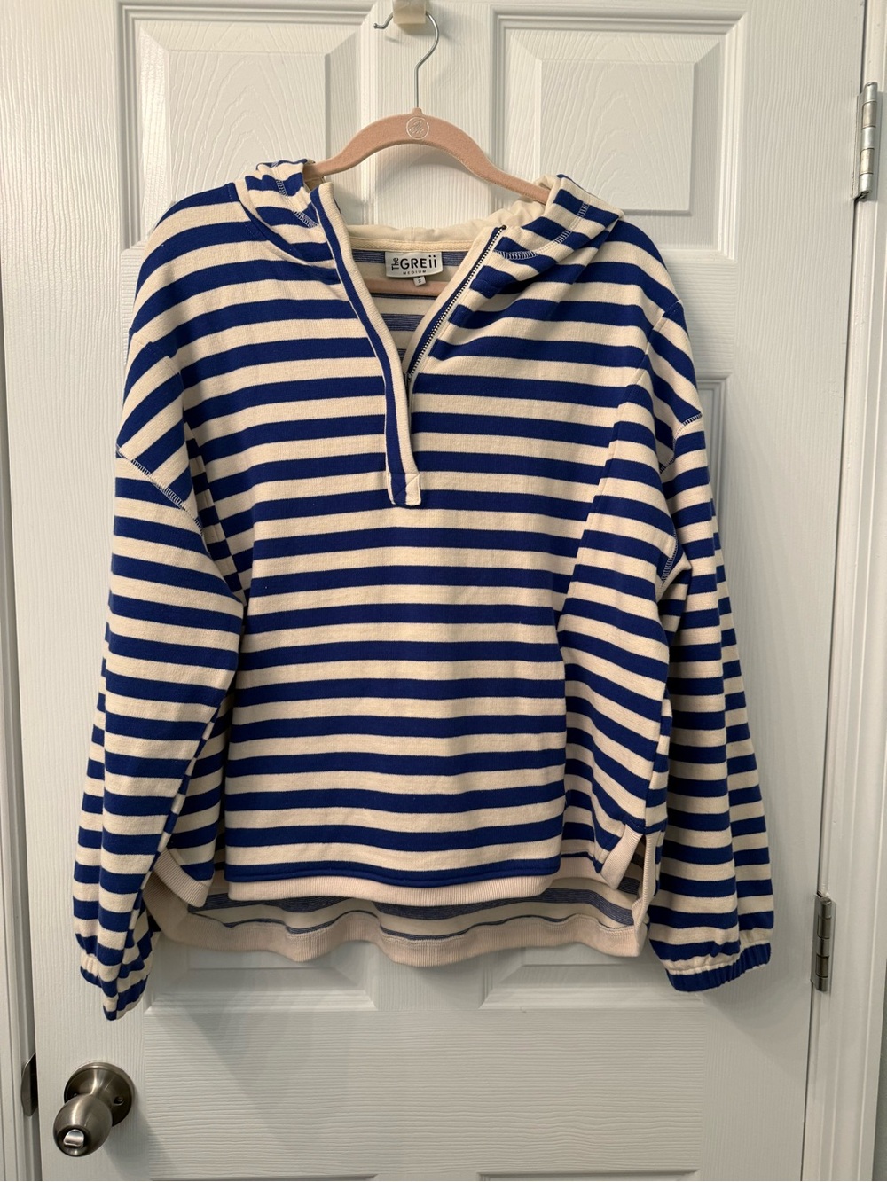 Stripe Half-Zip Hoodie Sweatshirt - Blue & Cream